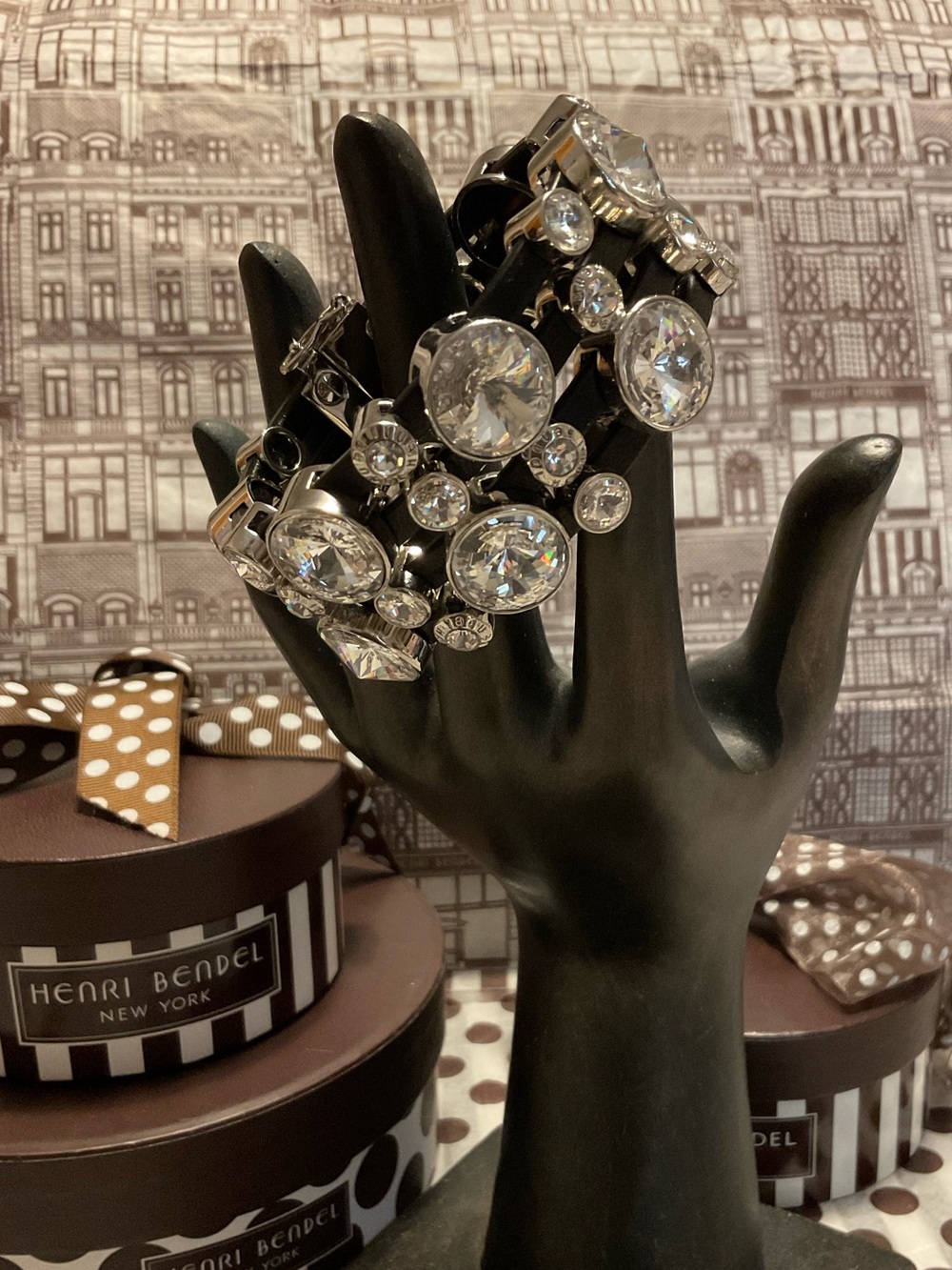 Stunning Rare Henri Bendel Mixed Materials Crystal and Leather Bracelet